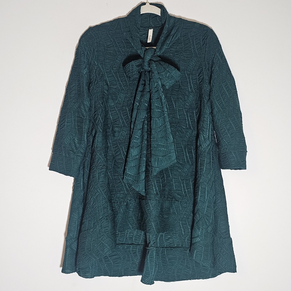 Celeste Top Womens Medium Green Textured Hi-Low Tie Neck‎ Modest Pentecostal M